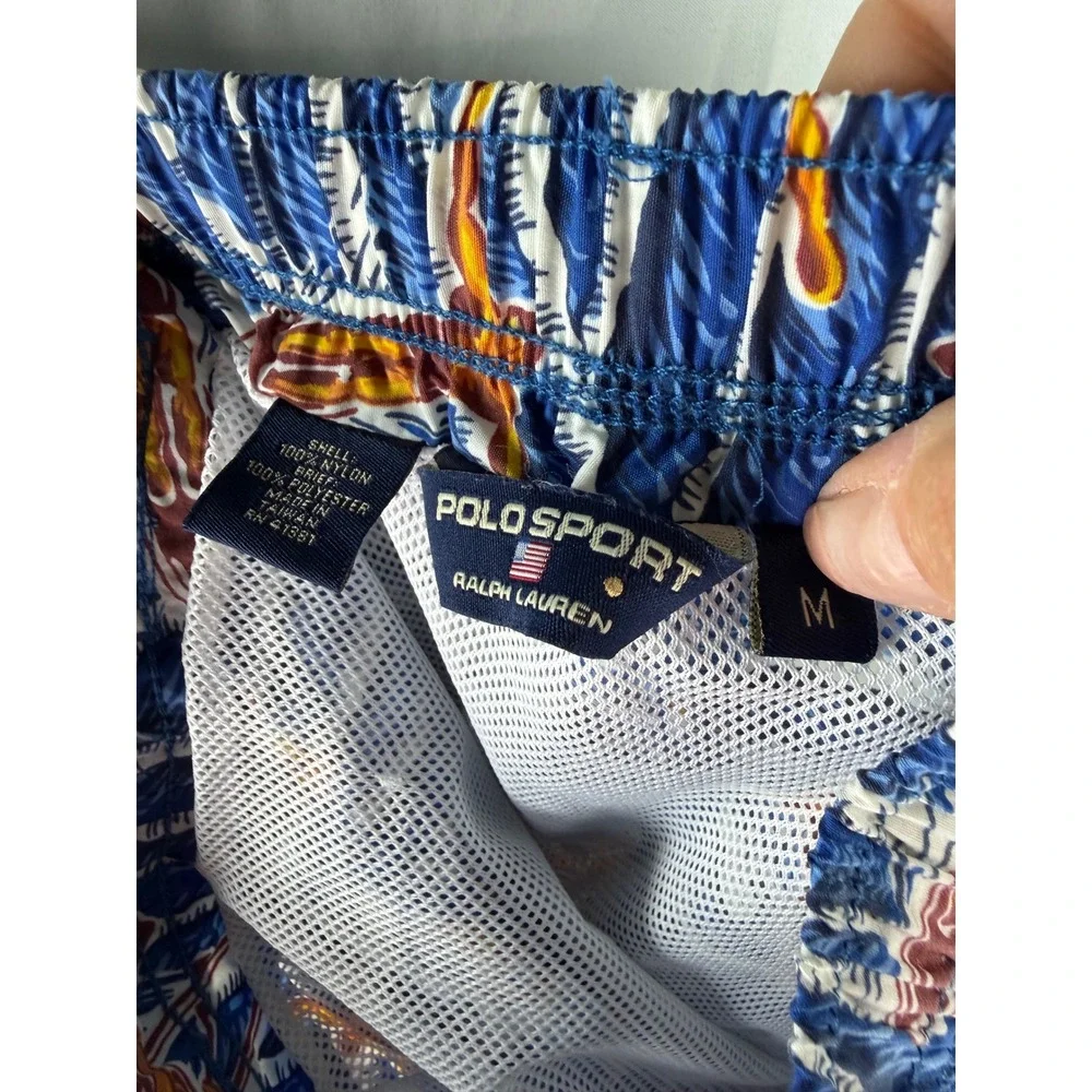 Polo Sport Ralph Lauren Mens Blue Surfer Wave Print‎ Swim Trunks Size M Vintage